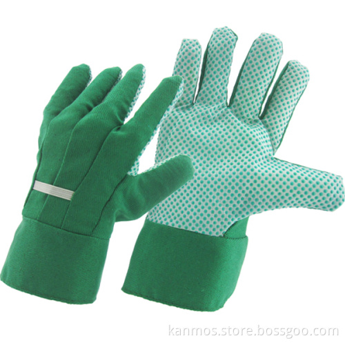 Green Drill Cotton Fabric PVC Dotted Garden Work Gloves (41004)